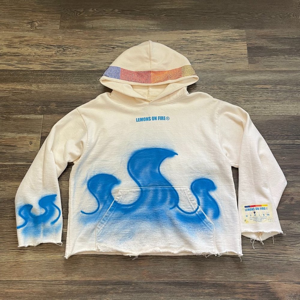 Lemons on Fire "Set Them on Fire" Hoodie Size Medium White Blue Women's